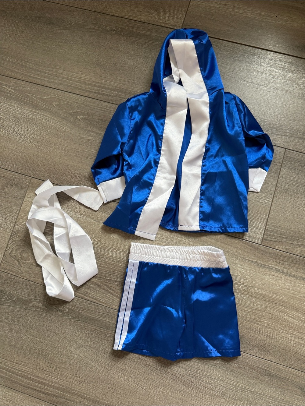 Kids Satin Hooded Boxing Costume in Blue and White